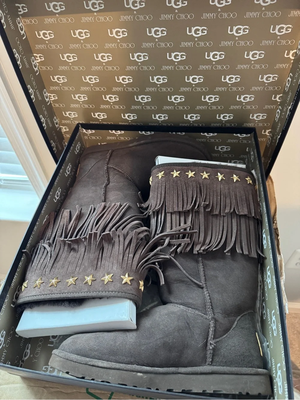 ⚡️⚡️Jimmy Choo Brown Fringe Winter Boots with Gold Star Studs